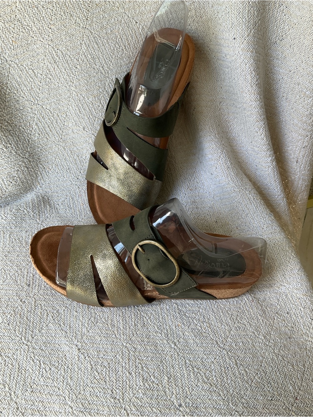 Olive Green Metallic Slide Sandals with Buckle Accent